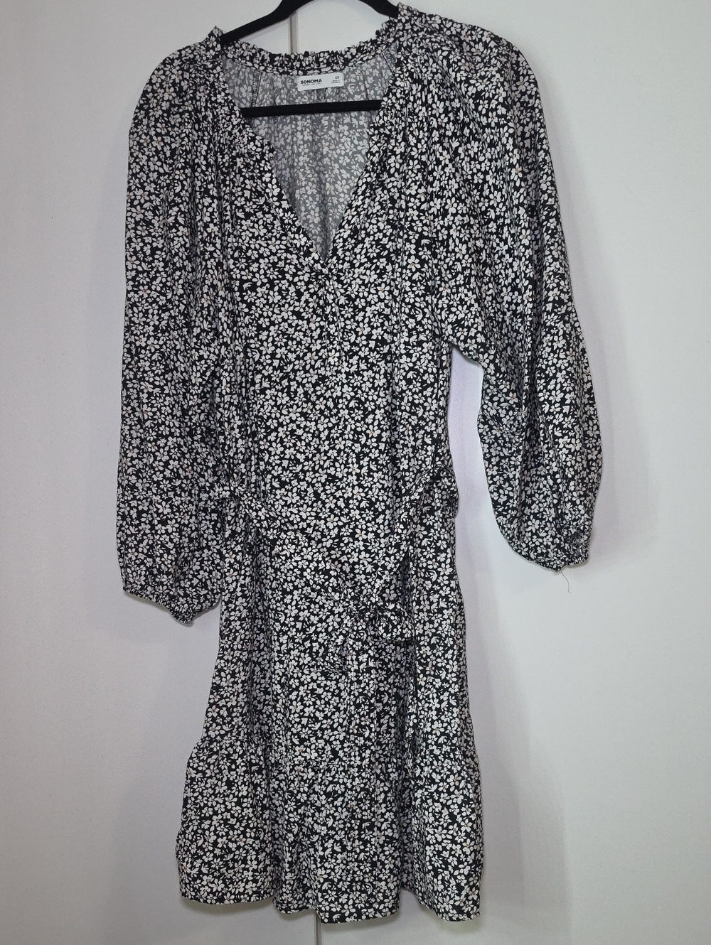 Sonoma Black and White Floral Wrap Dress